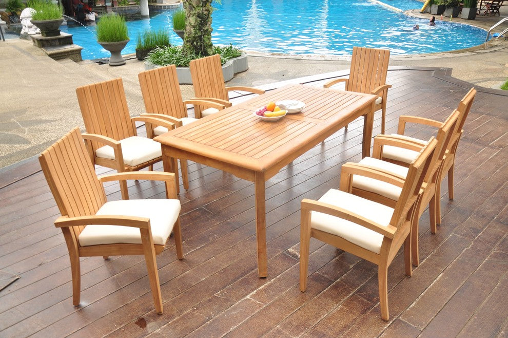 9-Piece Outdoor Teak Dining Set: 71" Rectangle Table, 8 Goa Stacking Arm Chairs