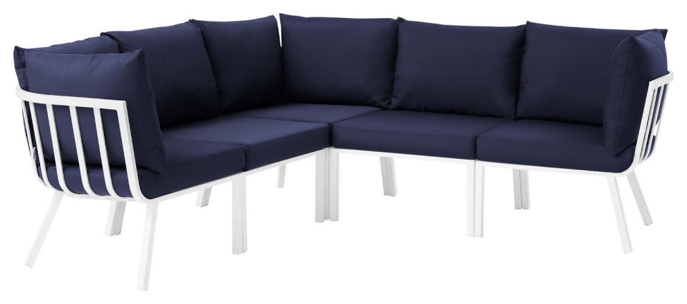 Lounge Sectional Sofa Chair Set, Aluminum, Metal, White Blue Navy, Outdoor