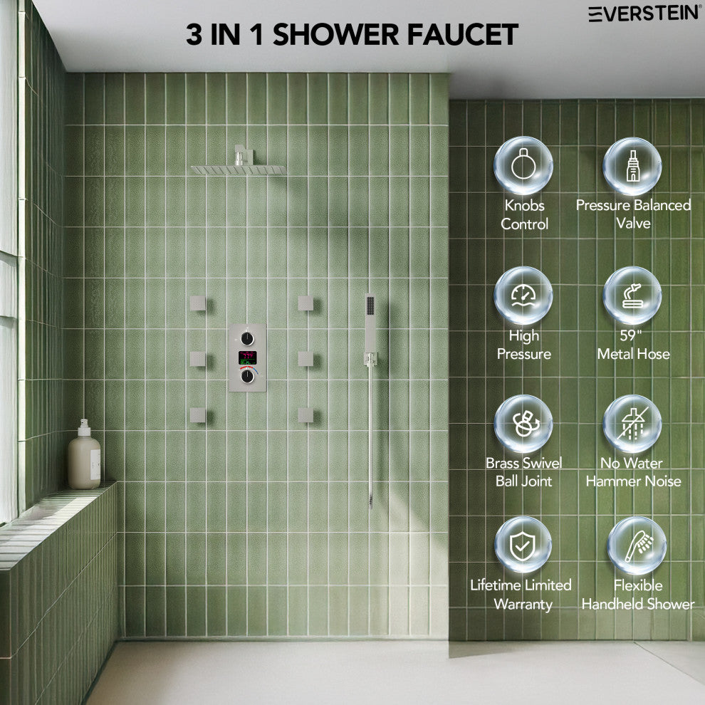 LED Temperature Digital Display Shower System With Body Jets, Brushed Nickel, 12 Inches
