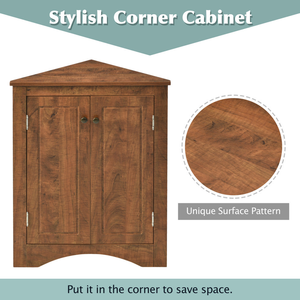 32" Wood 2-door Bath Corner Cabinet, Adjustable Shelves, Brown