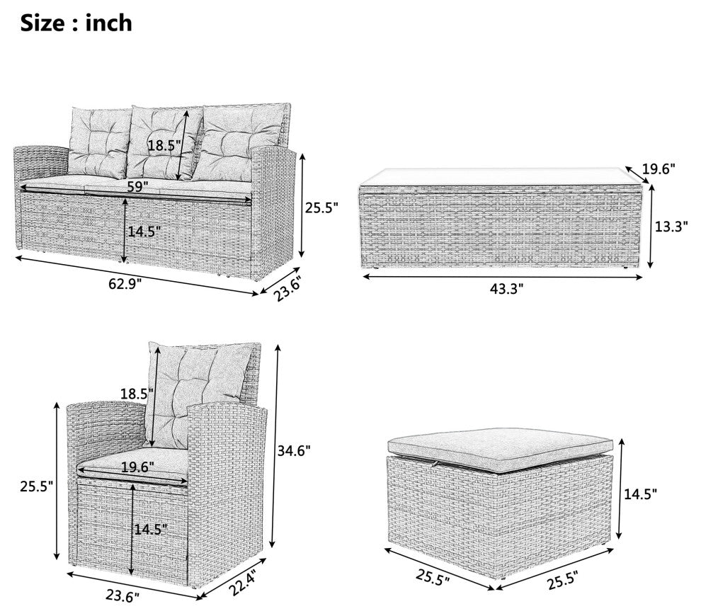 5 Pieces Outdoor Rattan Patio Sectional Sofa Set With Storage Bench