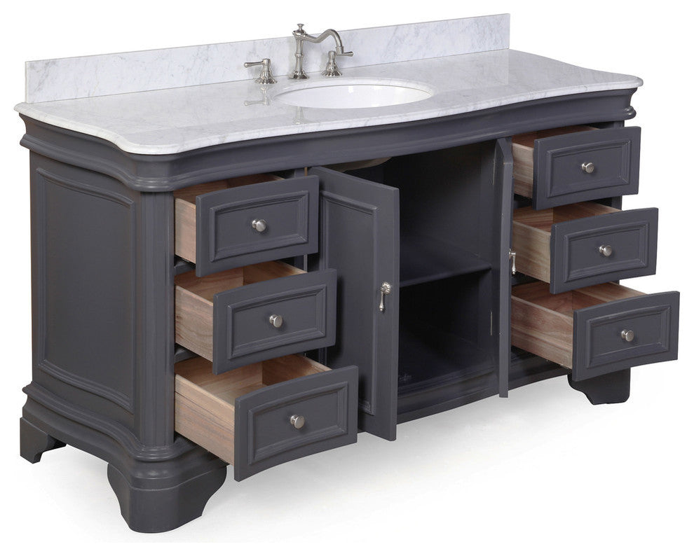 Katherine 60" Bath Vanity, Marine Gray, Carrara Marble, Single Vanity