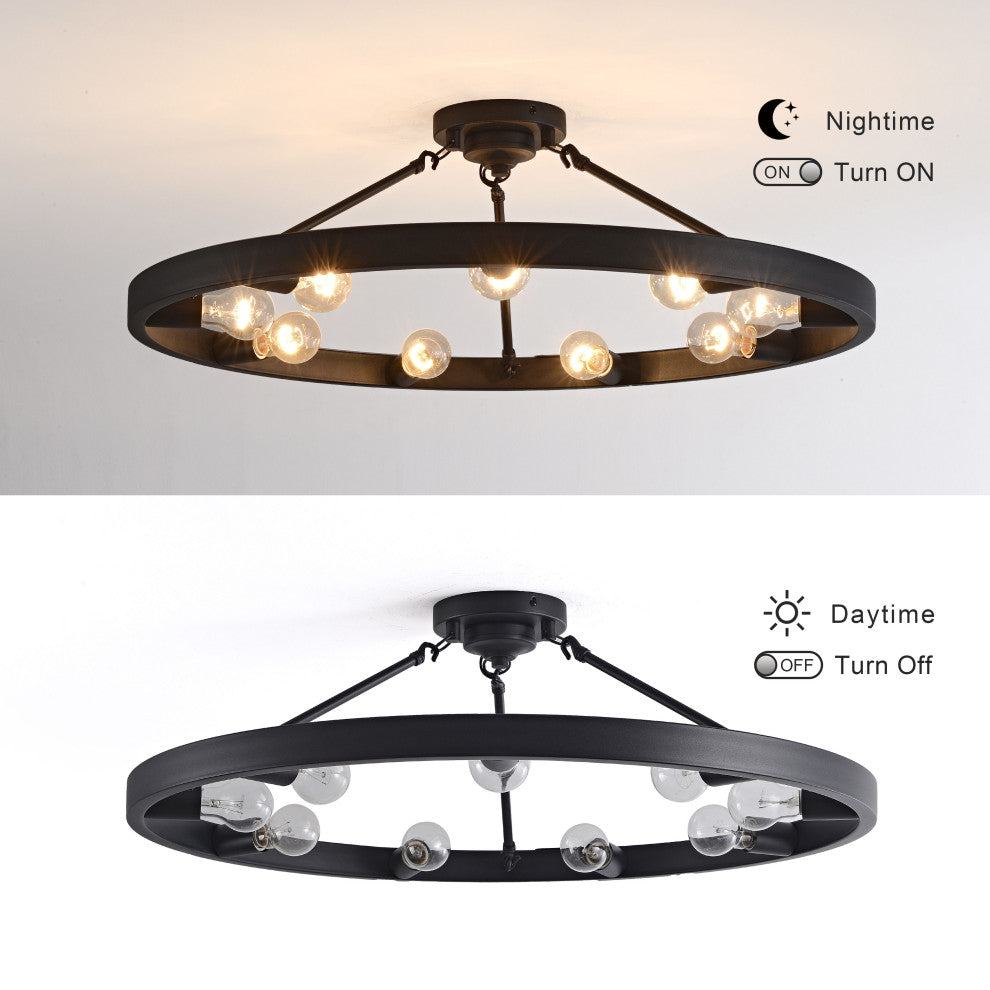 Sami Vintage 32" Wagon Wheel 9-light Ring Semi-Flush Mount