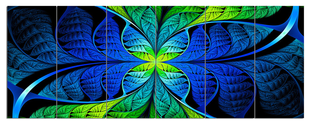 Blue Green Fractal Stained Glass, Abstract Canvas Art Print, 70"x28", 6 Panels