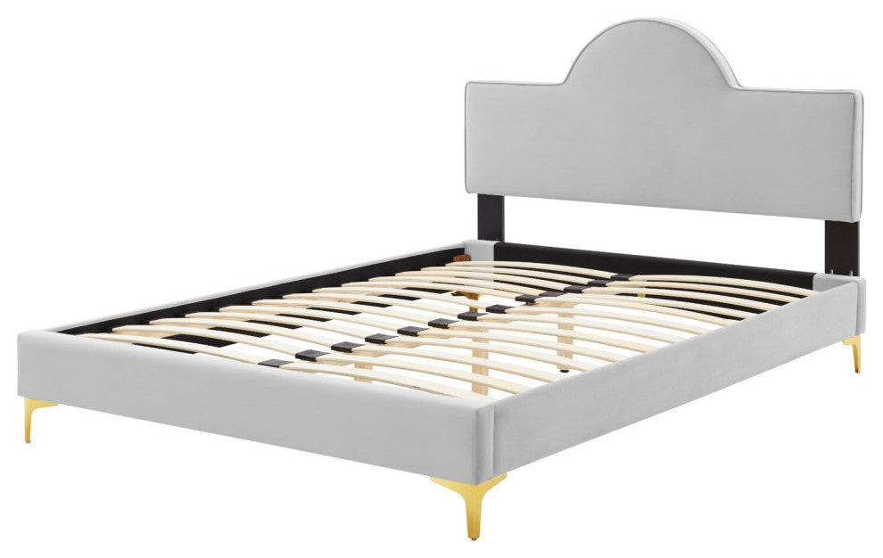Platform Bed Frame, King Size, Gray, Velvet, Modern, Bedroom Guest Suite