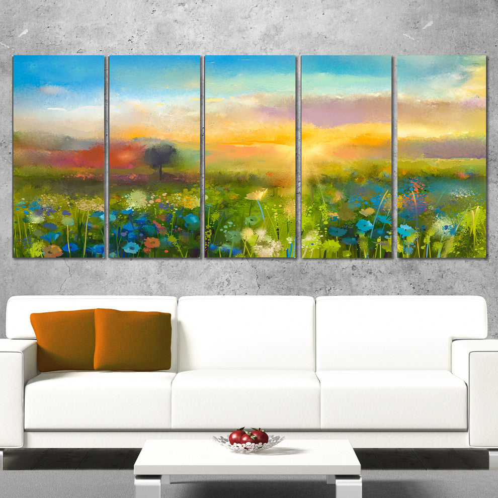 "Sunset Meadow" Landscape Oil Painting Canvas Print, 5 Panels, 60"x28"