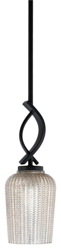 Cavella 1 Light Stem Mini Pendant, Matte Black Finish, 5" Silver Textured Glass