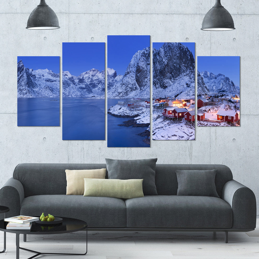 Fishermen Cabins in Winter, Modern Seashore Canvas Wall Art, 60"x32", 5 Panels