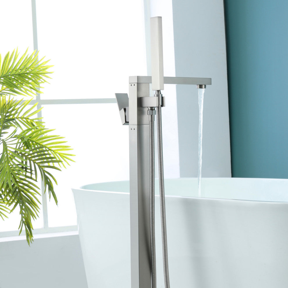 Wellfor Waterfall Floor Mounted Tub Faucet With Hand Held Shower, Brushed Nickel