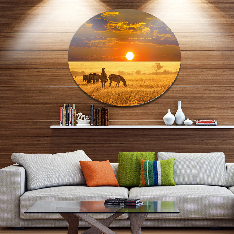 Group Of Zebras Grazing At Sunset, Animal Round Metal Wall Art, 23"