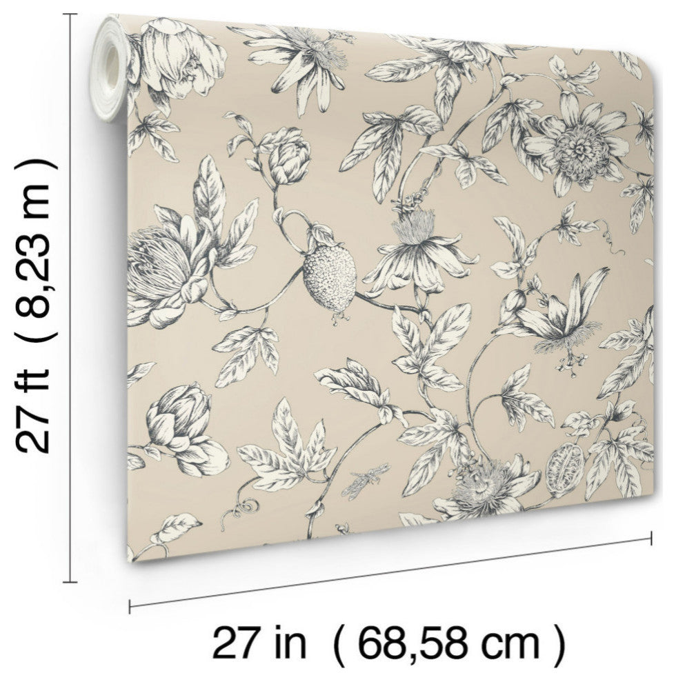Passion Flower Toile Beige Wallpaper