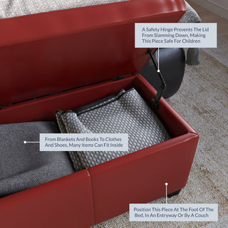 48" Elegant Leather/Linen Rectangular Storage Ottoman, Red