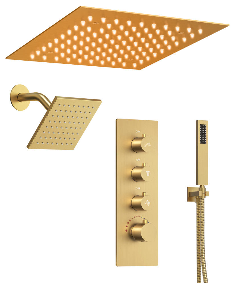LED Dual Heads 12" Rain Shower System With Thermostatic 3-Way Faucet, Brushed Gold