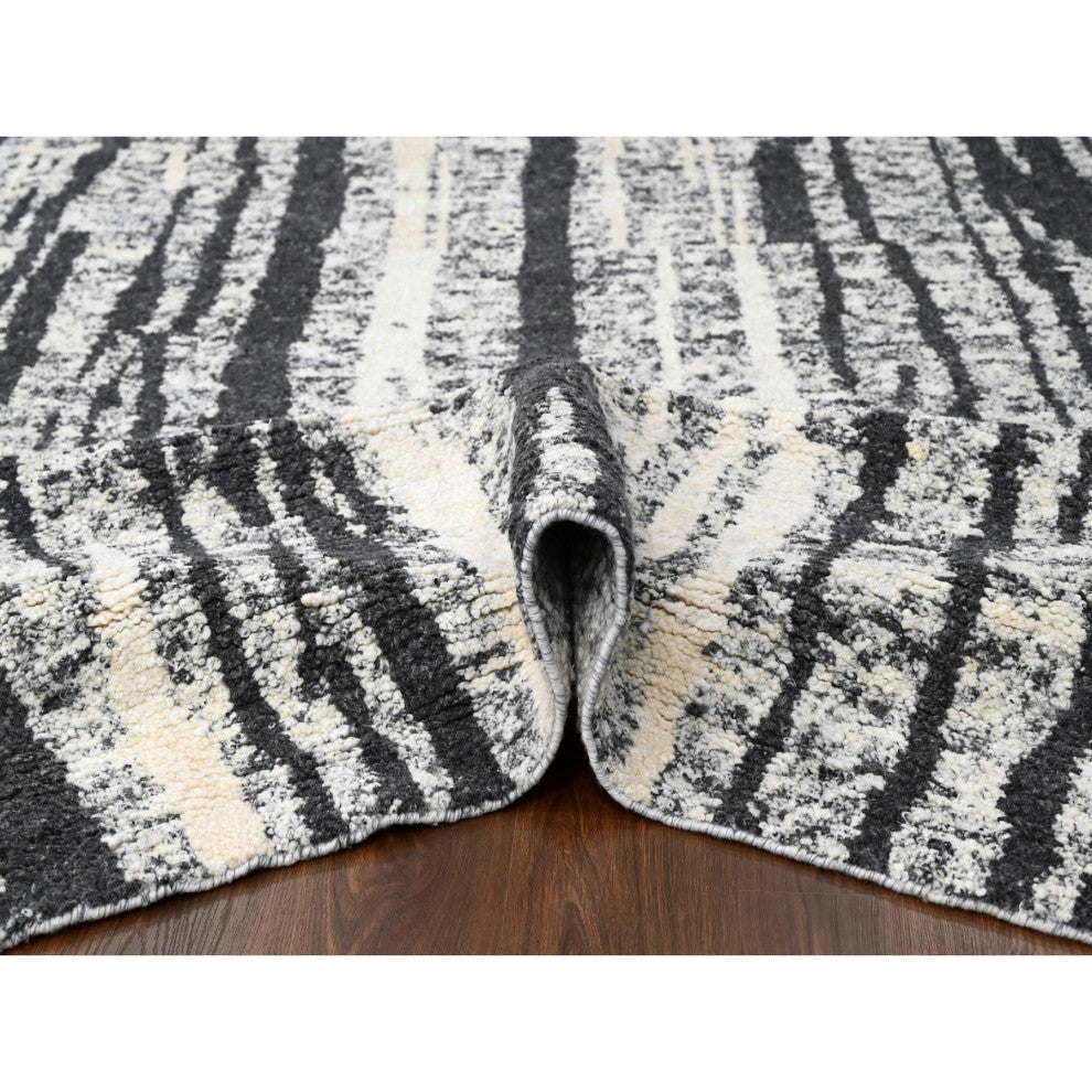 Black With Ivory Hand Knotted Wool Modern Design Oversize Oriental Rug 12'x14'9"