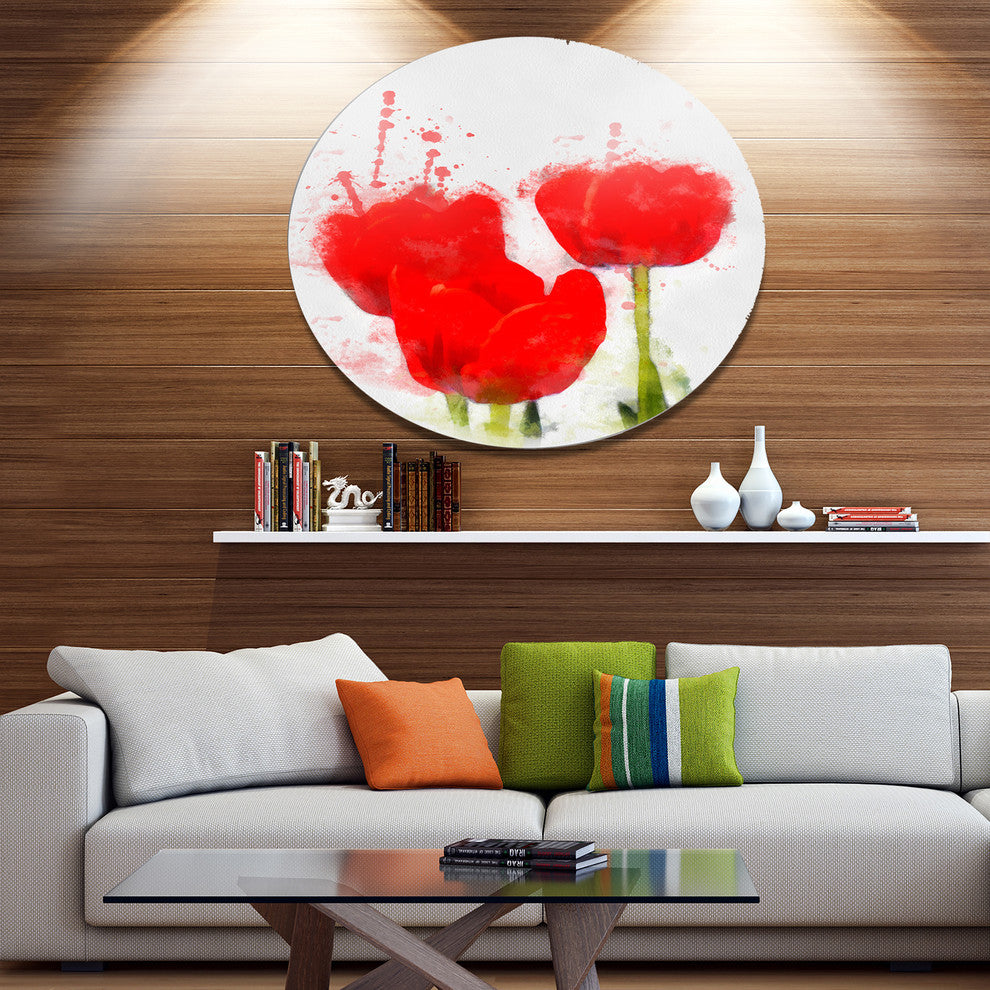 Bright Red Tulip Flowers With Splashes, Floral Round Metal Artwork, 36"
