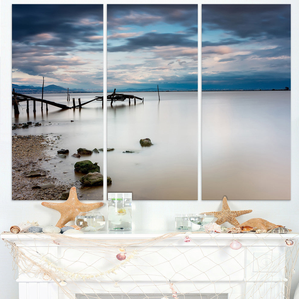 "Magic Sunrise With Old Wooden Pier" Sea Pier Metal Wall Art, 3 Panels, 36"x28"