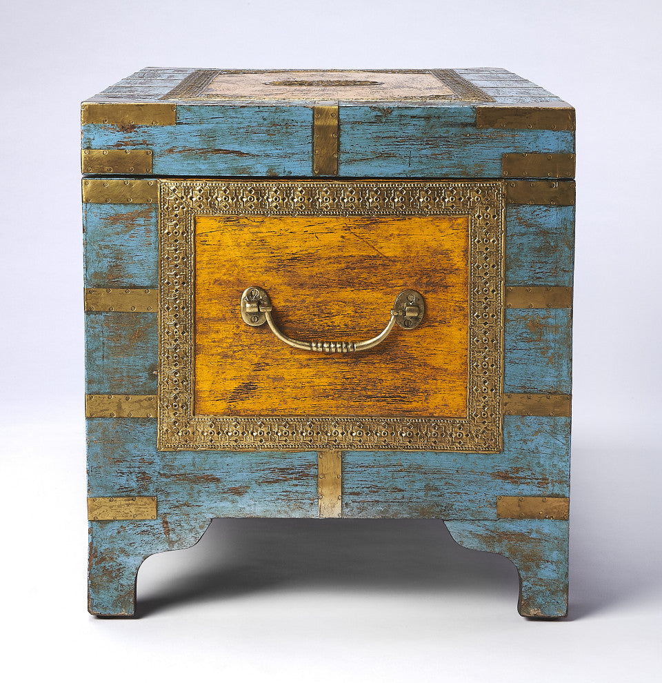 Nador Hand-Painted Brass Inlay Storage Trunk Coffee Table, Blue