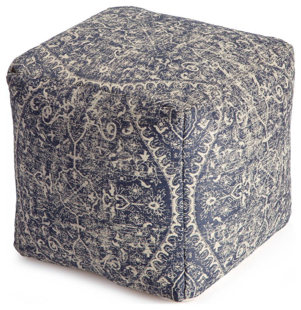 Hanalei 20" x 20" x 20" Blue and Ivory Pouf