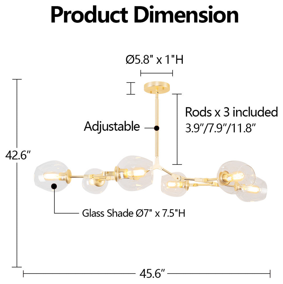 8-Light Adjustable Colorful Glass Shades Chandelier Pendant,Clear Glass Shades, Clear, 6light