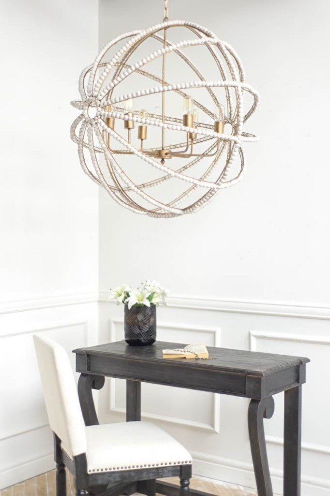 Ava White Beaded Wood With Gold Metal Frame Six Bulb Chandelier