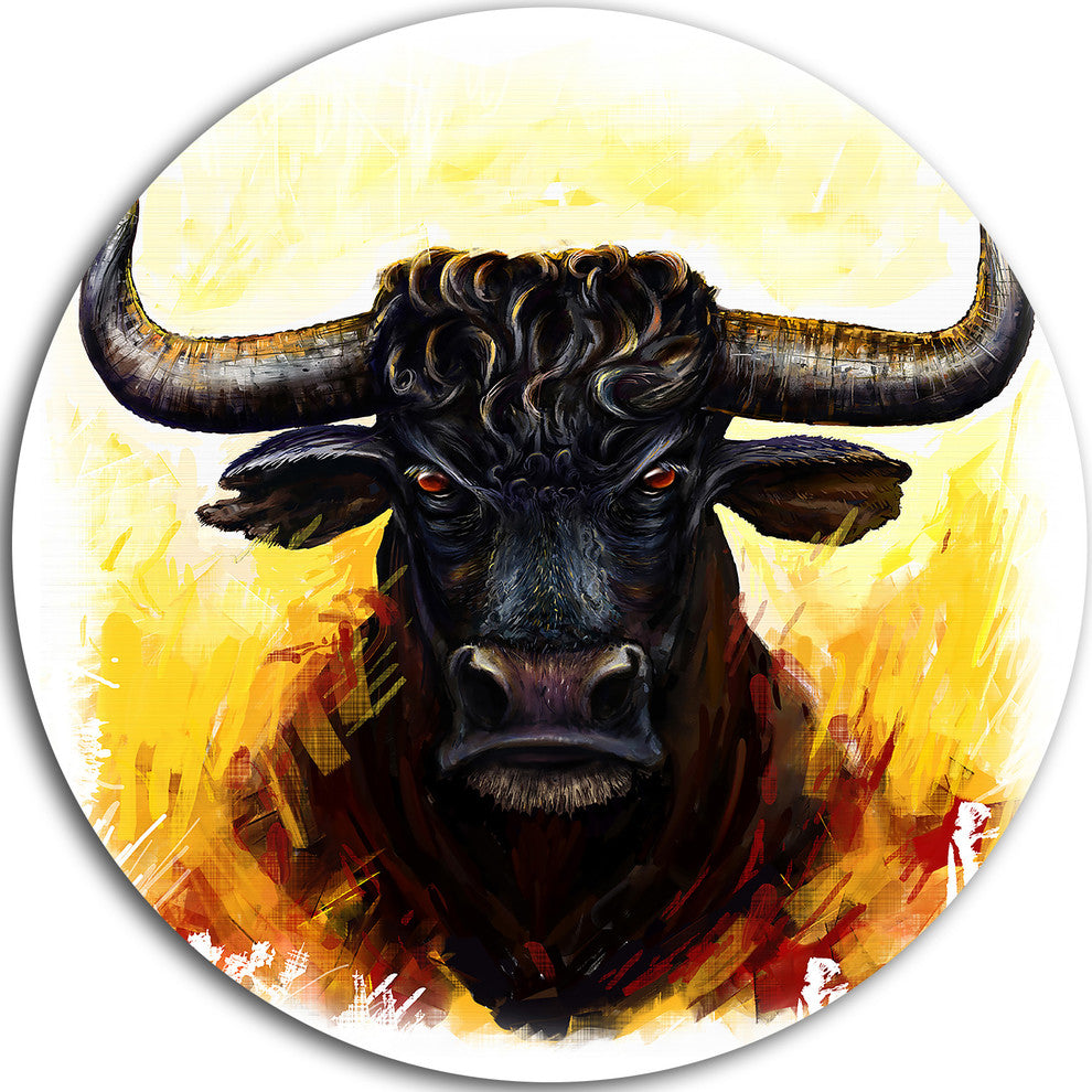 Fierce Bull Illustration, Animal Round Metal Wall Art, 11"