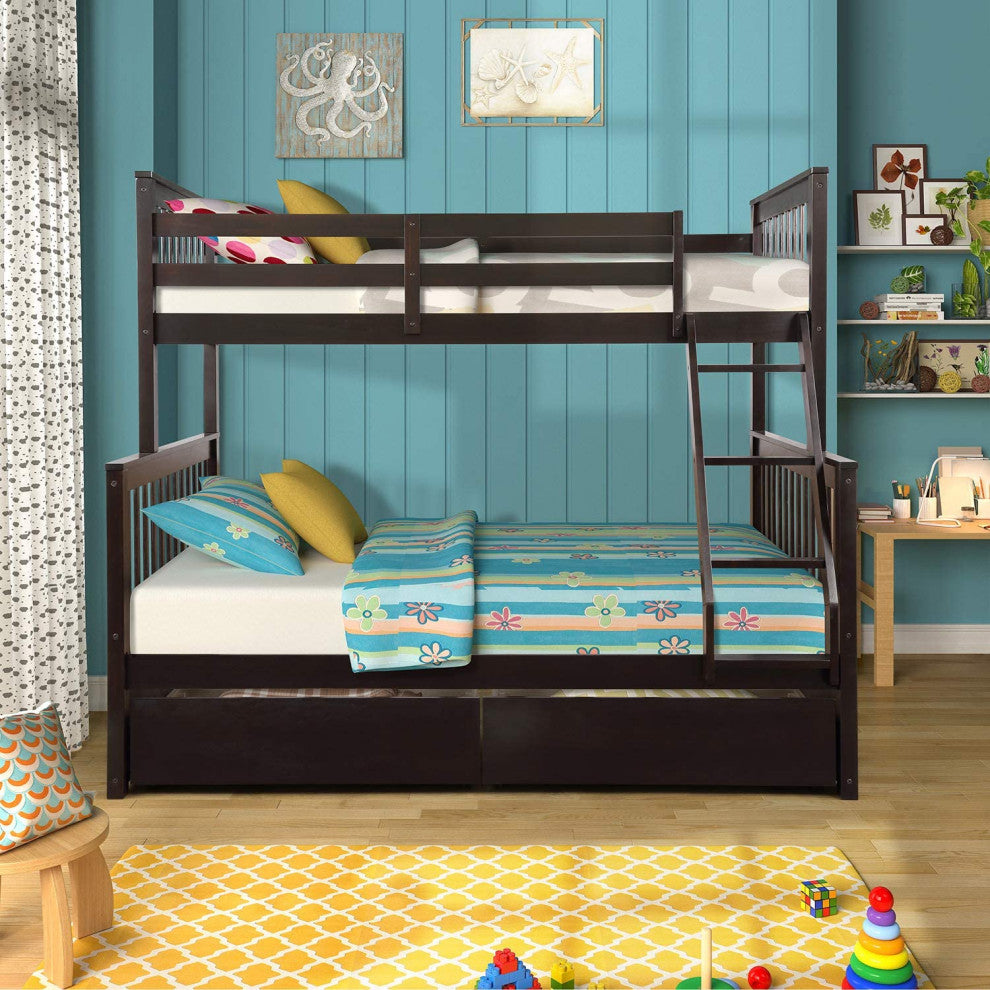 Kids Solid Wood Twin Bed with Rail, Ladder and Two Storage Drawer