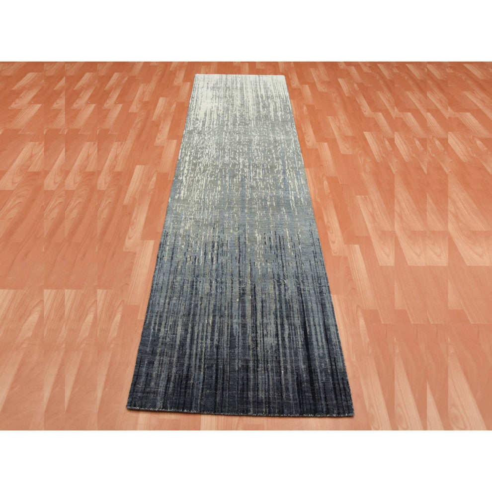 Gray and Blue Pure Wool Hand Knotted Modern Ombre Design Runner Rug, 2'6"x10'2"