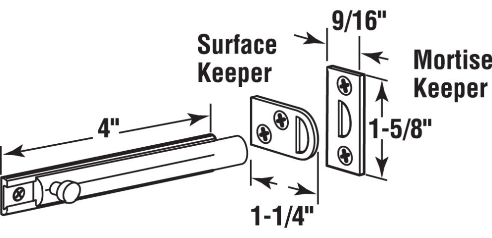 Surface Bolt, 4", Solid Brass Construction, Polished Brass Finish, 2-keepers