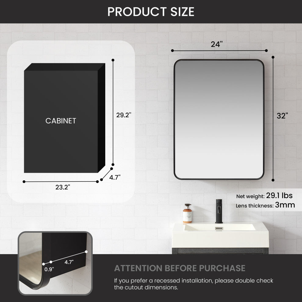 Talayuela Framed Medicine Cabinet With Mirror, Brushed Black Frame, 24"w X 32"h