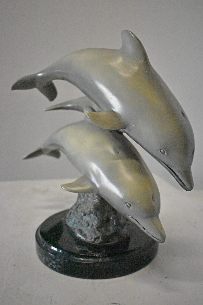 Three Grey Dolphins Swimming Bronze Statue on Marble - Size: 16"L x 9"W x 13"H