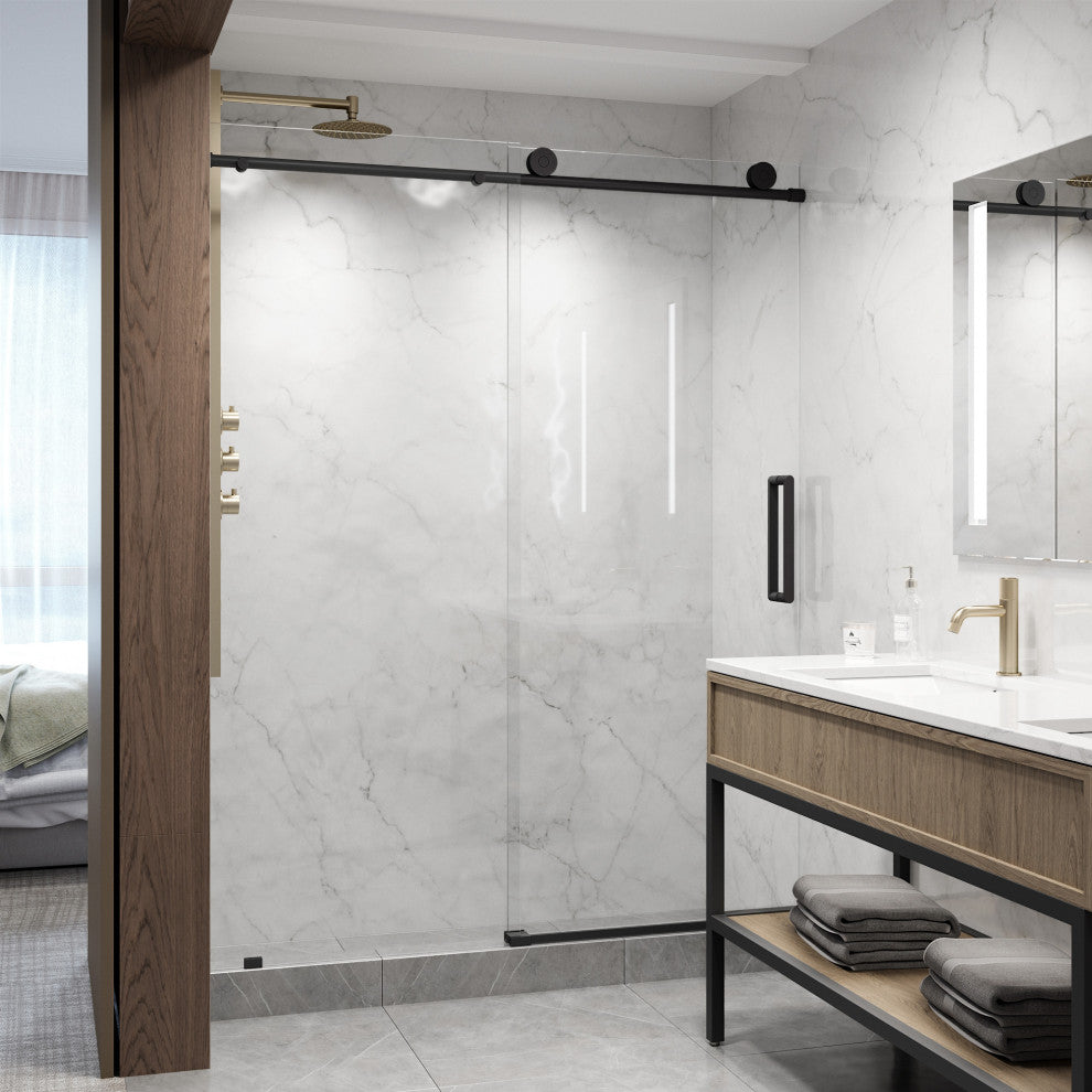 VIGO Elan Frameless Sliding Shower Door, V-Motion, Clear Glass, Stainless Steel, 68" to 72" W X 76" H