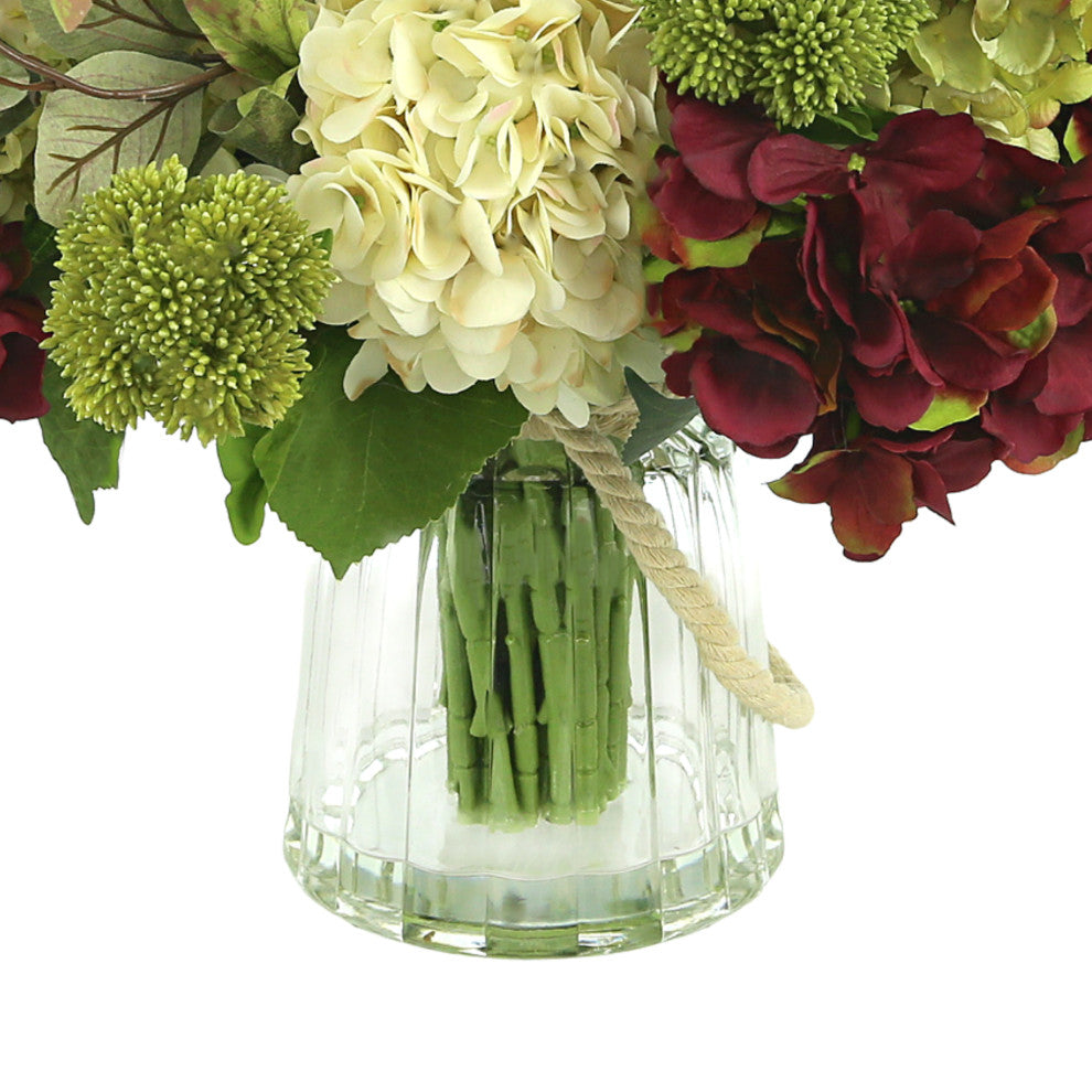 Creative Displays Arrangement, Hydrangea, Sedum and Ivy, Glass Vase With Rope