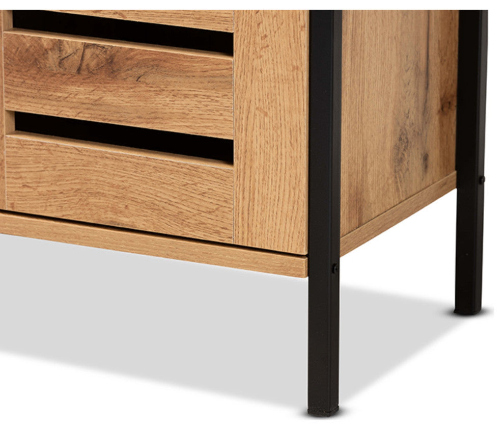 Vander Oak Brown Finished Wood And Black Metal 2-Door Shoe Cabinet