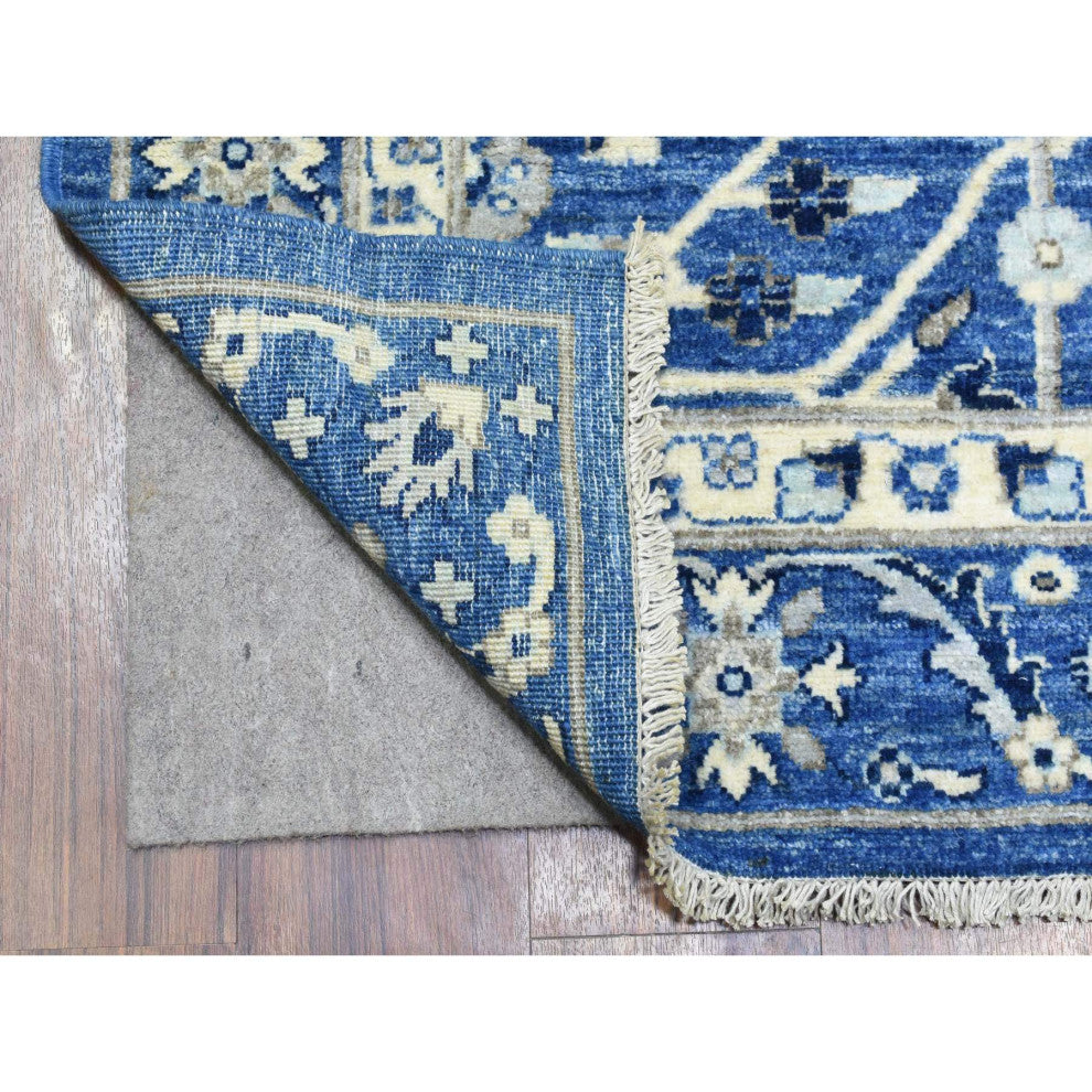 Cobalt Blue, Fine Peshawar Soft Wool Hand Knotted Wide Runner Rug, 4'3"x11'9"