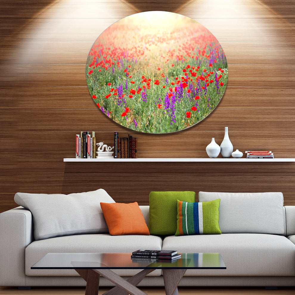 Expansive Poppy Field At Sunset, Flower Round Metal Wall Art, 23"