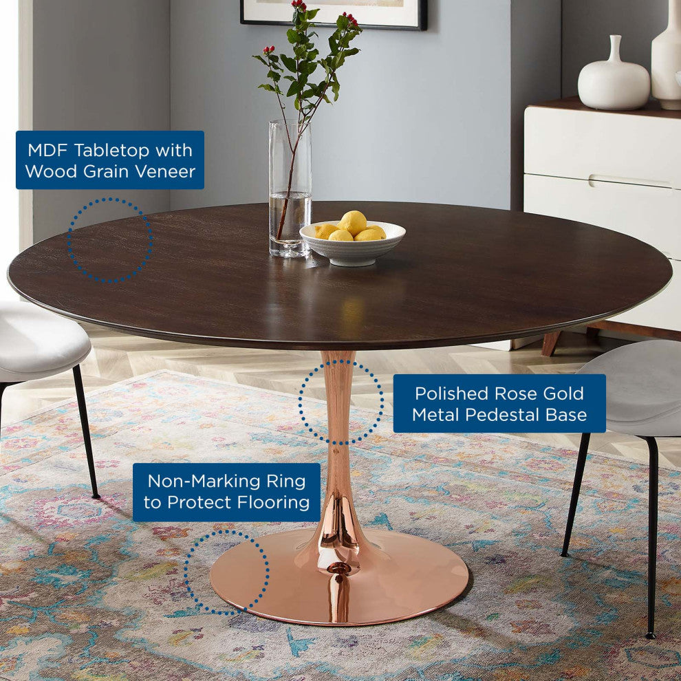 Dining Table, Round, Wood, Rose Gold Dark Brown Brown Walnut, Modern, Bistro