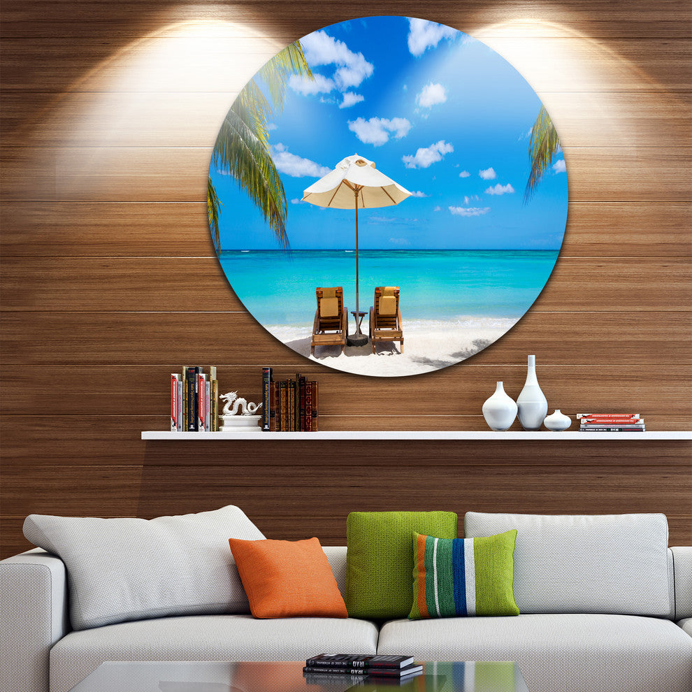 Turquoise Beach With Chairs, Seashore Photo Round Wall Art, 11"