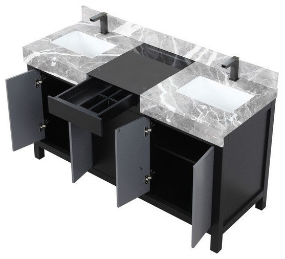 Zilara 60" Black and Grey Double Vanity, Balzani Gun Metal Faucet Set