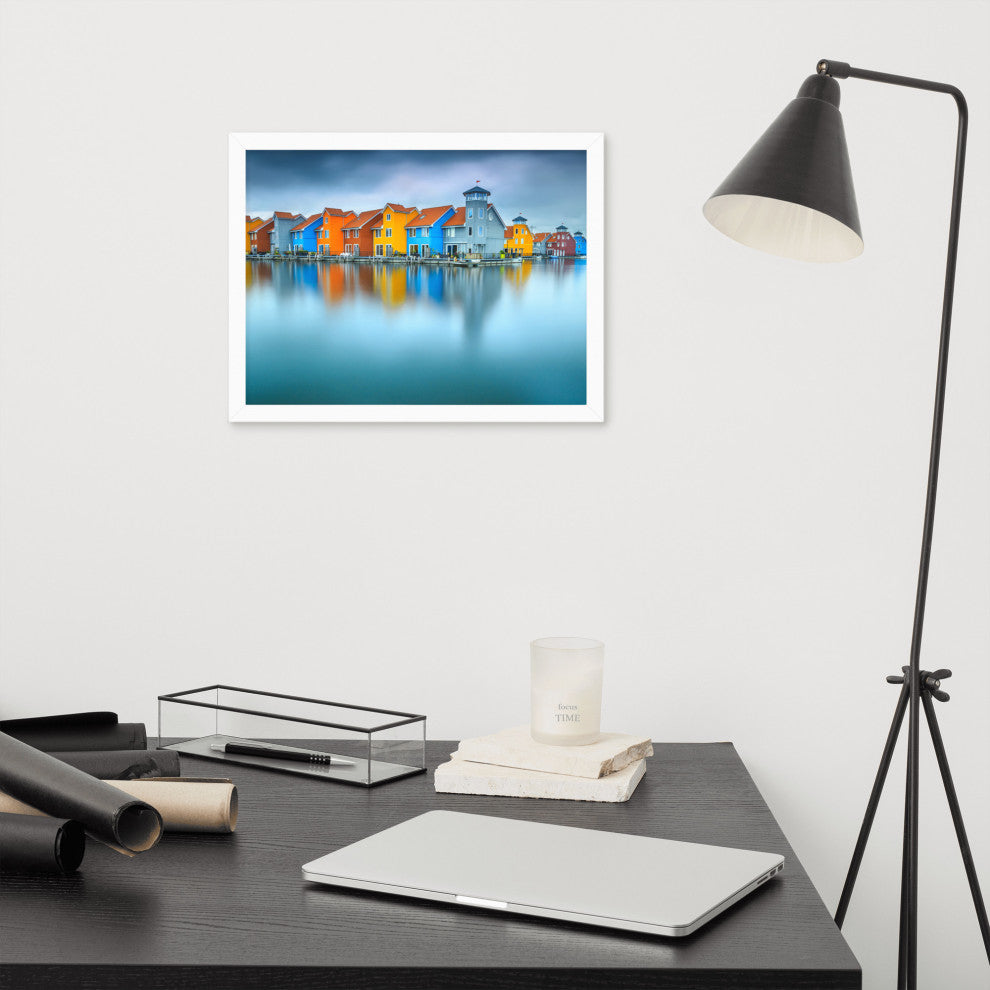 Blue Morning at Waters Edge Landscape Framed Photo Paper Wall Art Prints, White, 12" X 16"