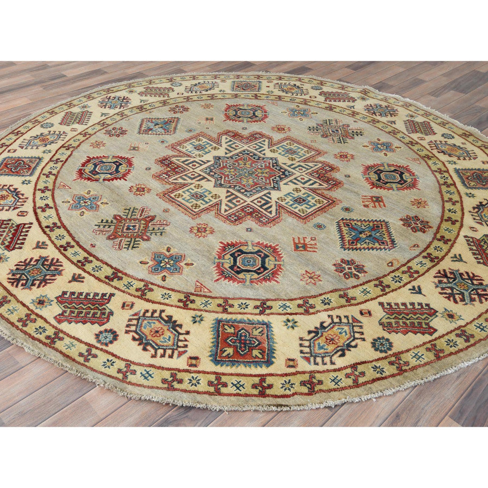 Pale Goldenrod, Special Kazak 100% Wool Hand Knotted Oriental Rug, 8'x7'9"