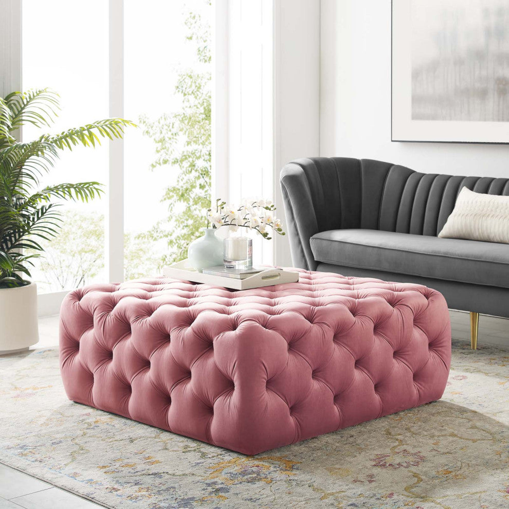 Tufted Accent Chair Ottoman, Square, Velvet, Pink, Modern, Lounge Hospitality