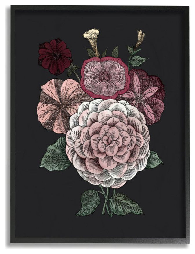 Pink Flowers On Black Drawing Design, 24"x30"