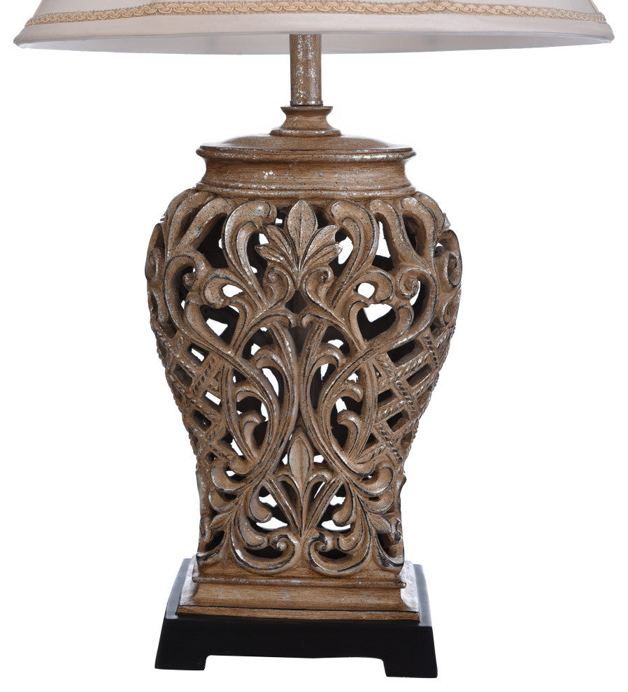 Traditional Table Lamp Open Lace Scroll, Savoy Silver Textile Shade