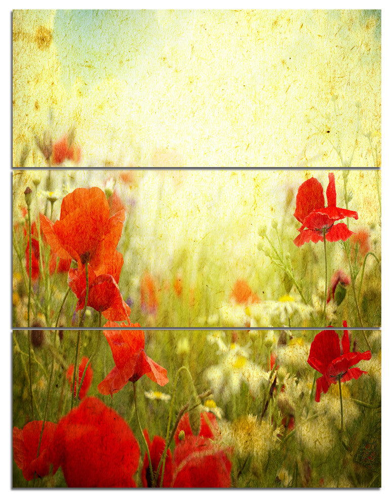 Grunge Background with Red Poppies, Floral Triptych Canvas Art, 28x36, 3 Panels