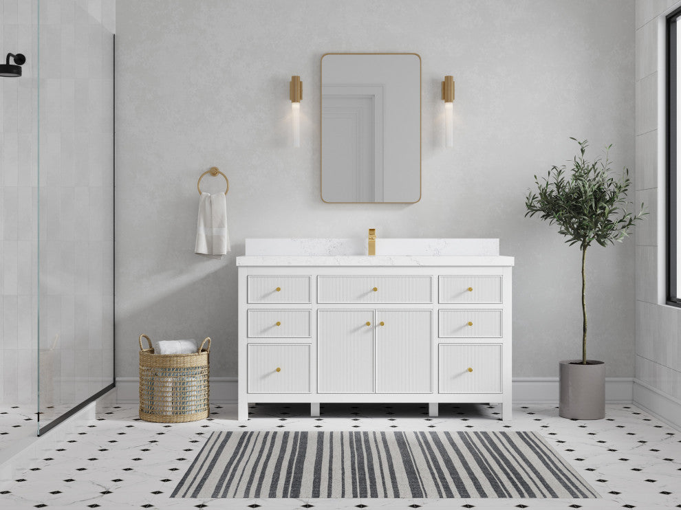 Sonoma 60 Single Sink Reeded Bathroom Vanity in White 2" Empira White
