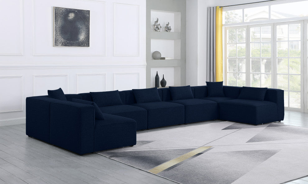 Cube Upholstered Modular Sectional, Navy, 7-Piece: 5 Armless Chair, 2 Corner Chair, Linen Texured Fabric
