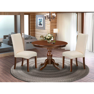 3 Pc Dining Set, Mahogany Round Table, 2 Cream Chairs
