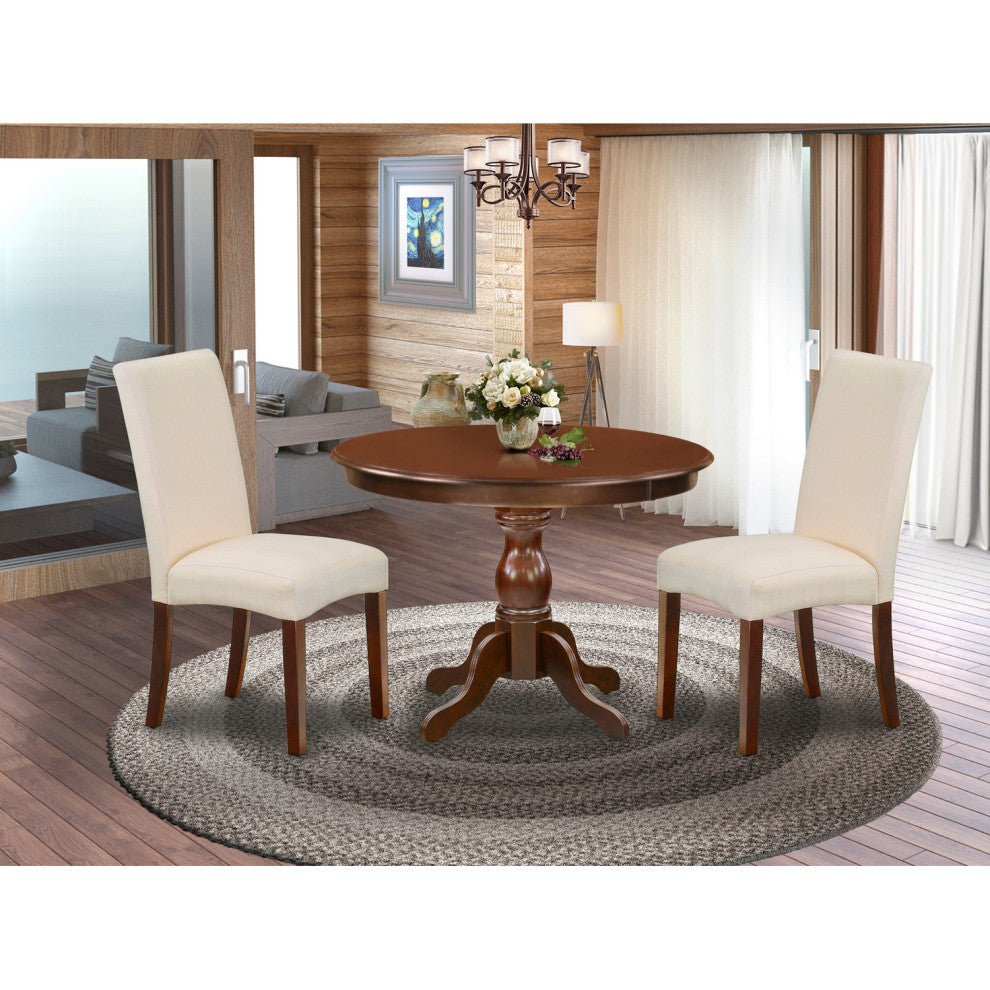 3 Pc Dining Set, Mahogany Round Table, 2 Cream Chairs