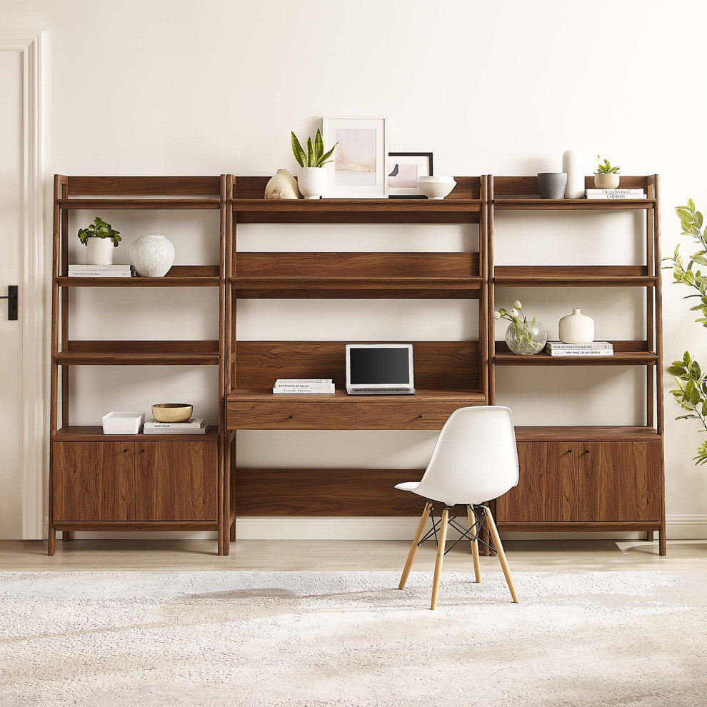 Bixby 3-Piece Wood Office Desk and Bookshelf, Walnut