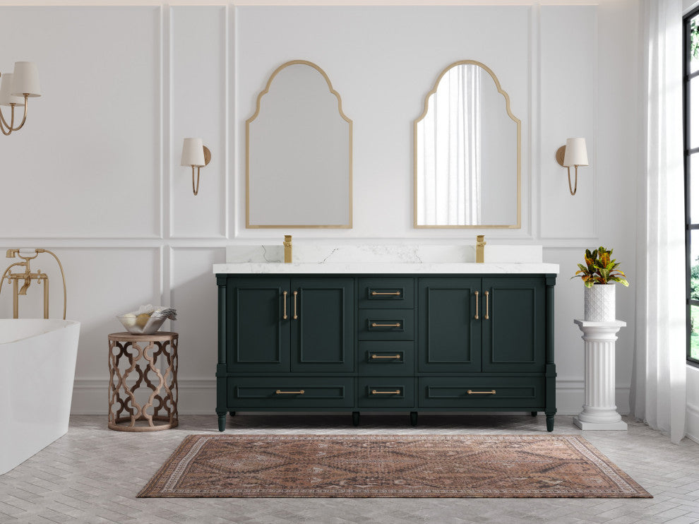 Aberdeen 72 Double Sink Bath Vanity in Dark Forest Green 2" Calacatta Nuvo